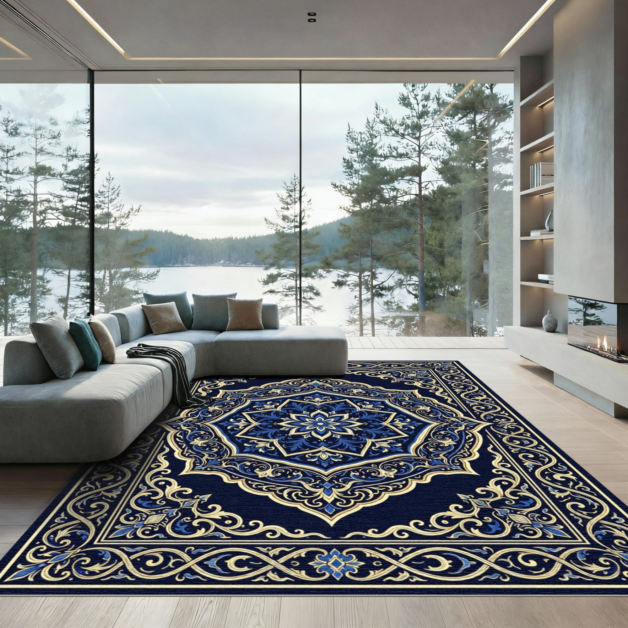 Majestic Blue Gold Medallion Floral Borders Rug