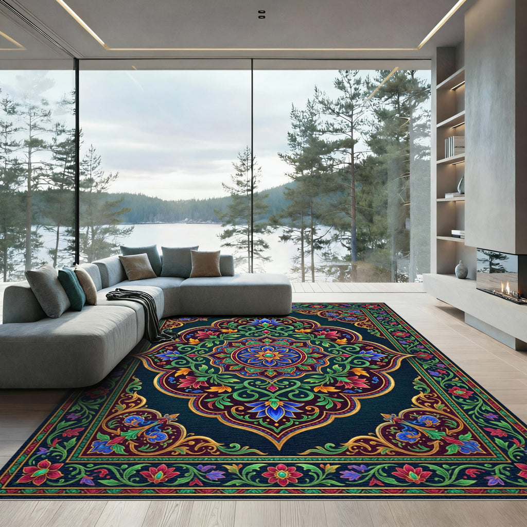 Intricate Floral Medallion Gold Border Rug