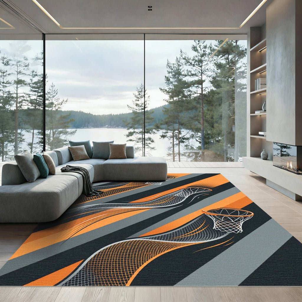 Dynamic Orange and Gray Basketball Hoop Motion Rug