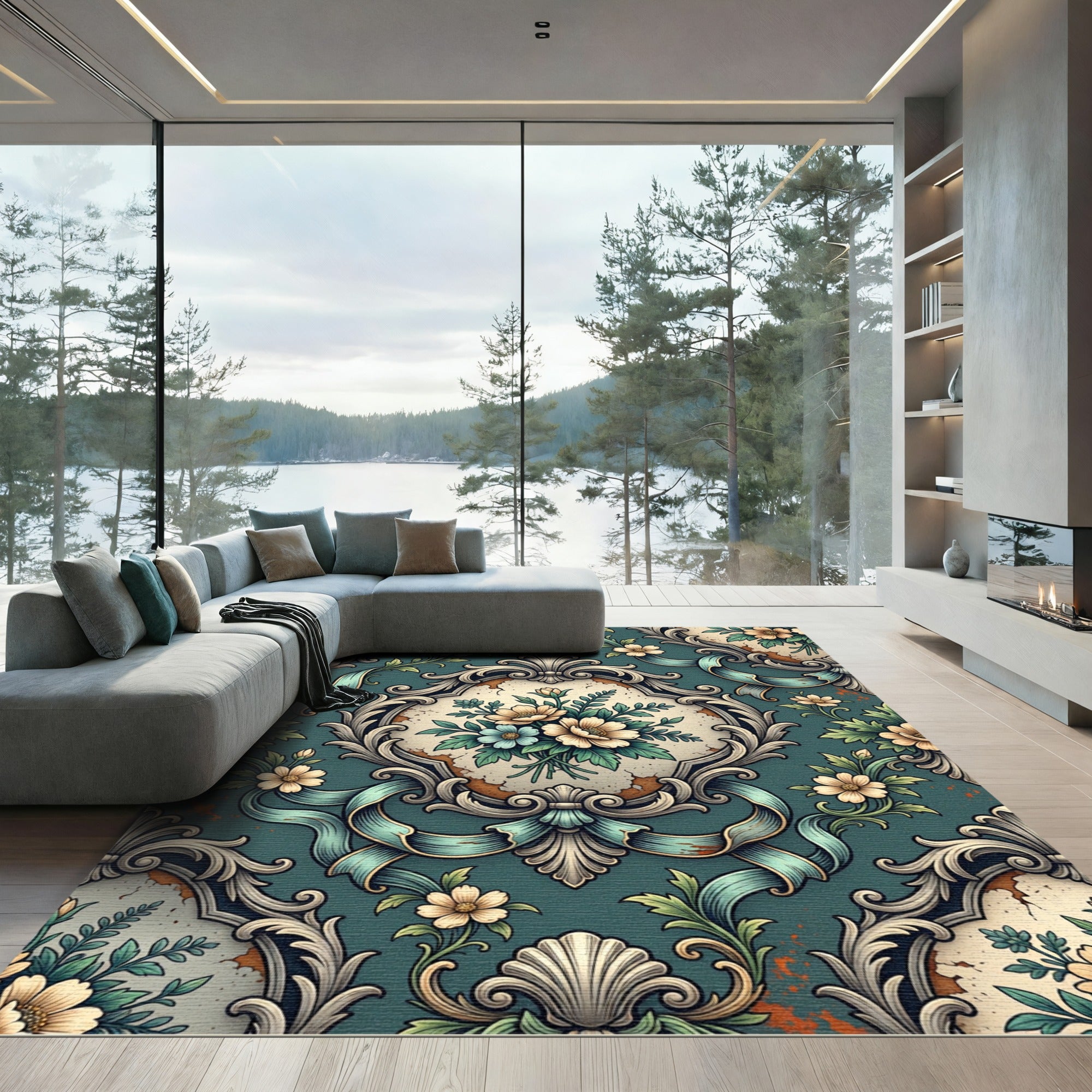 Elegant Teal Vintage Floral Damask Rug