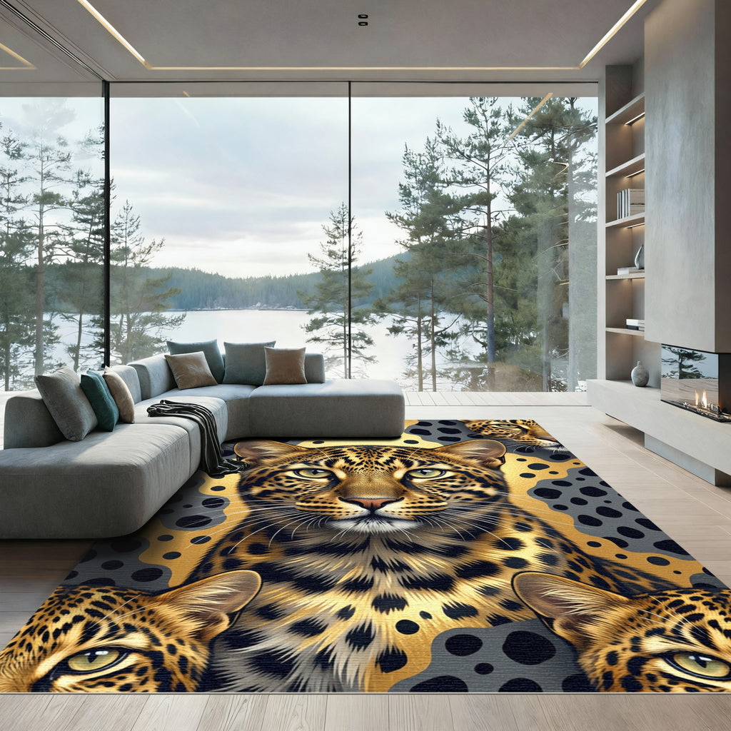 Golden Leopard Face on Black Spotted Background Rug