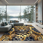Golden Leopard Face on Black Spotted Background Rug