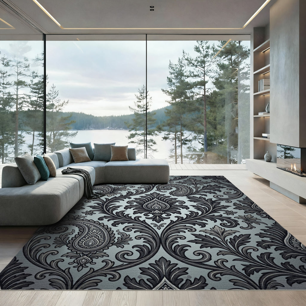 Elegant Gray Paisley Damask Rug