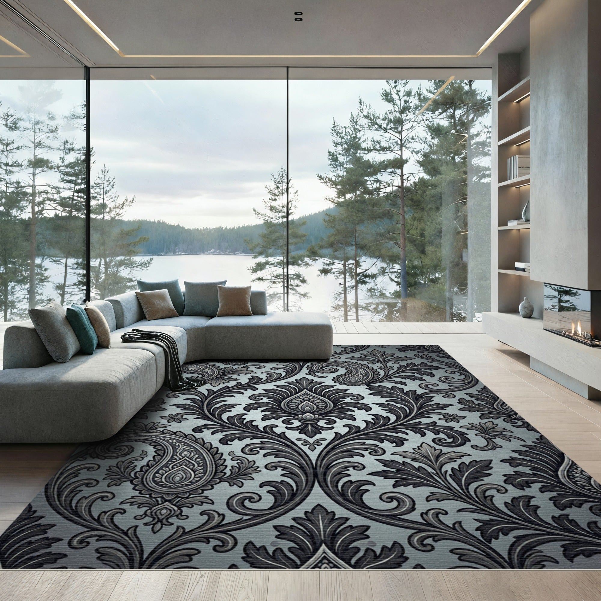 Elegant Gray Paisley Damask Rug