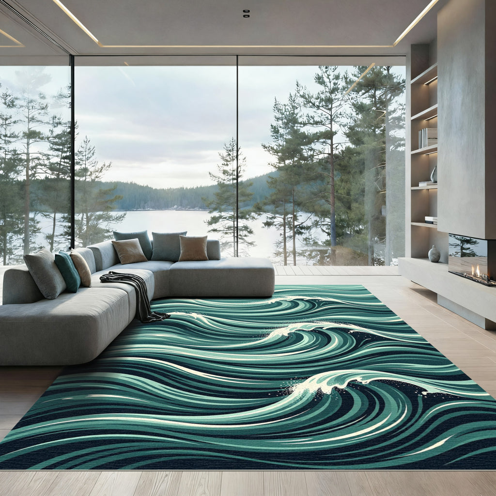 Deep Teal Rolling Ocean Wave Rug