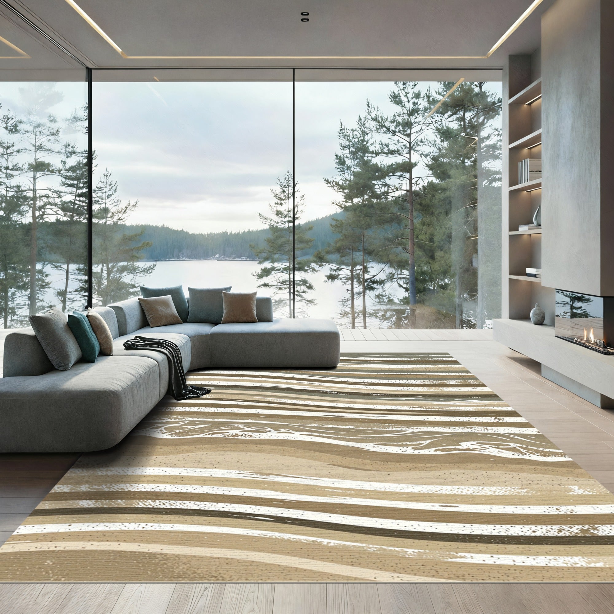 Contemporary Earthy Wavy Line Aesthetic Rug