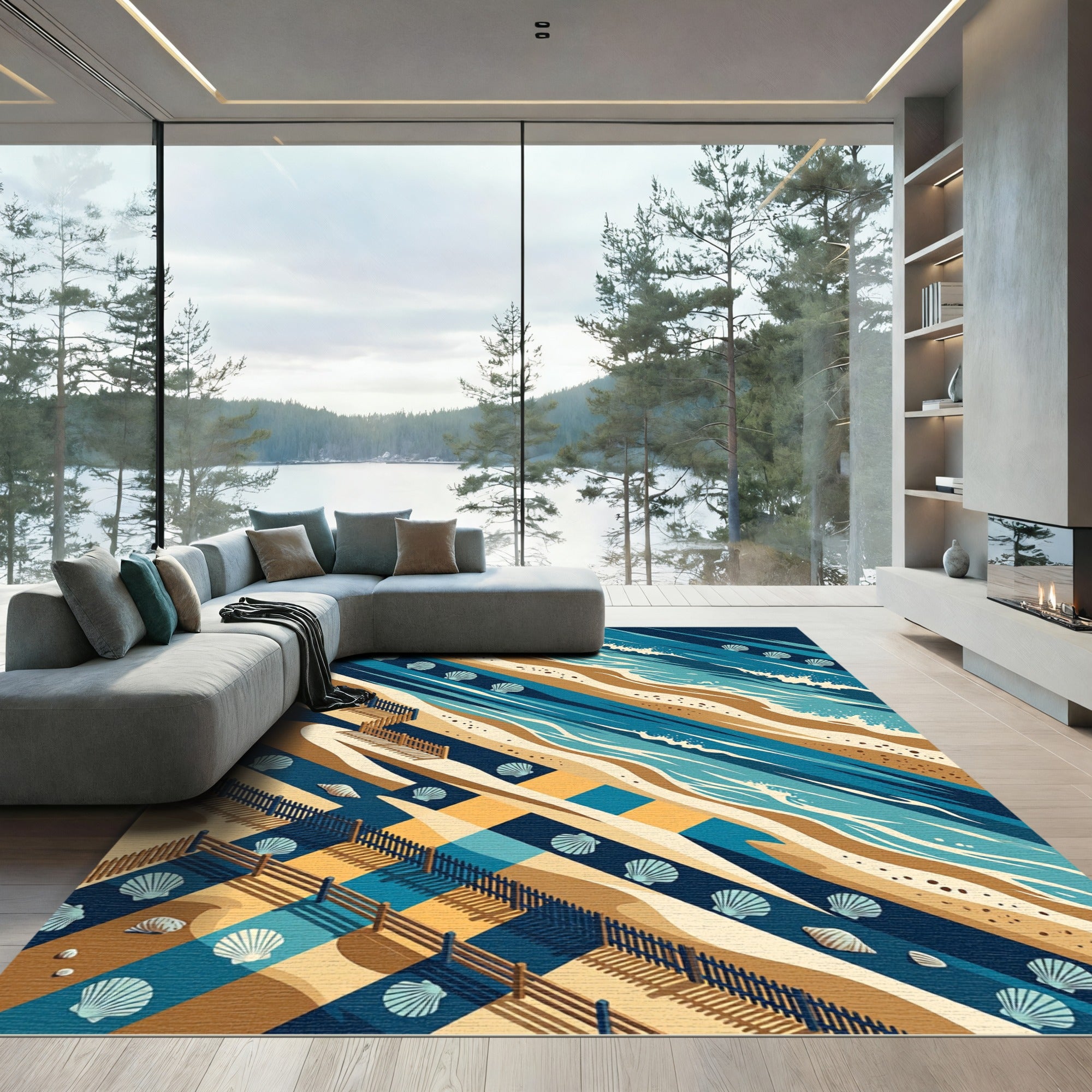 Coastal Seashell Wave Stripe Isometric Art Rug