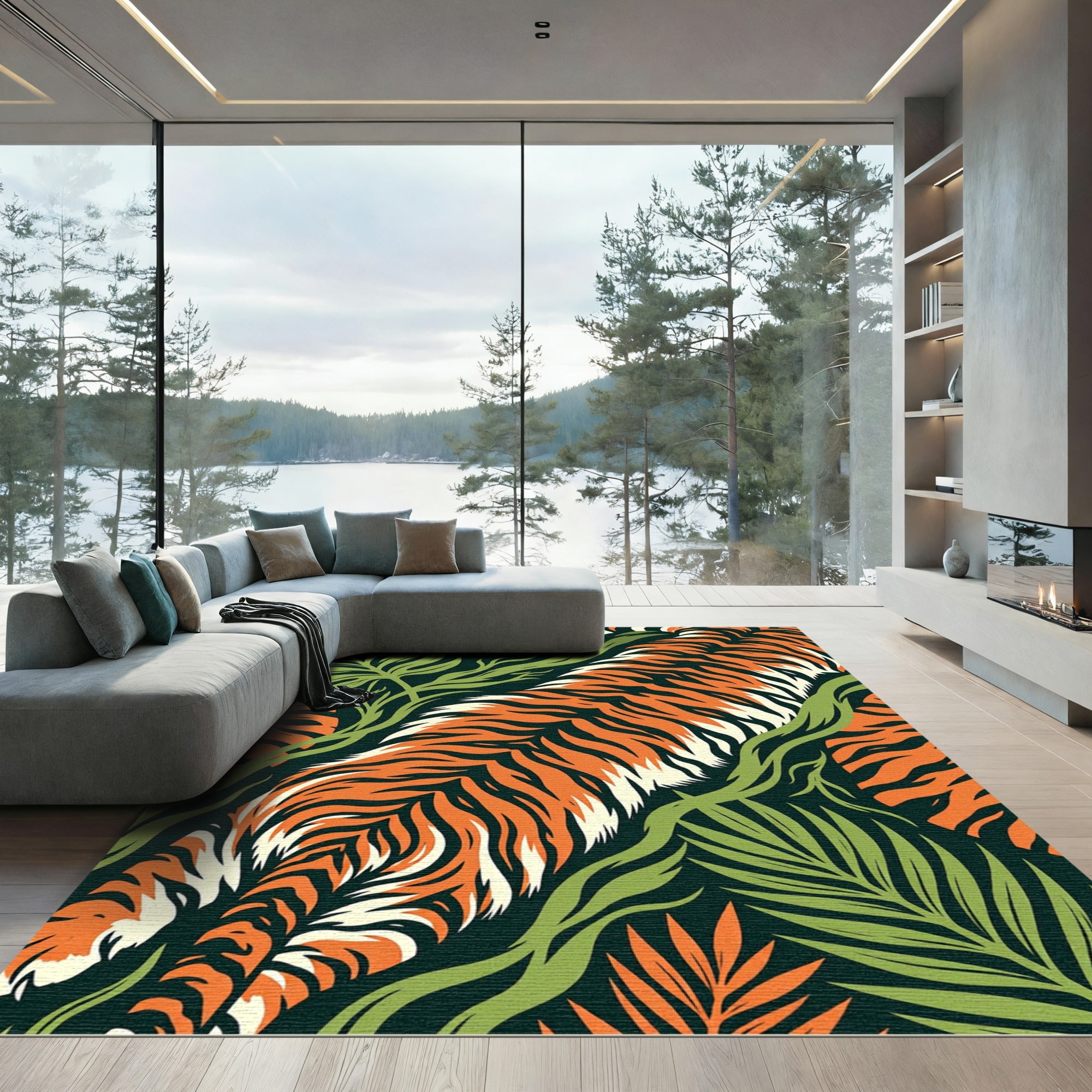 Vibrant Orange Tiger Jungle Foliage Rug