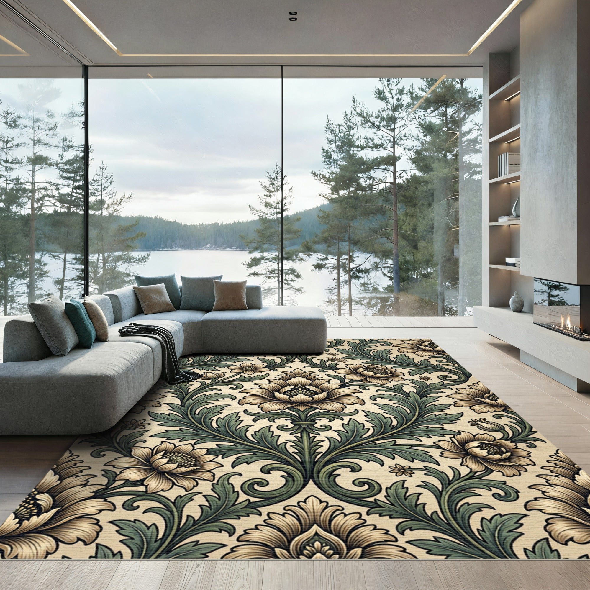 Vintage Cream and Sage Botanical Damask Rug