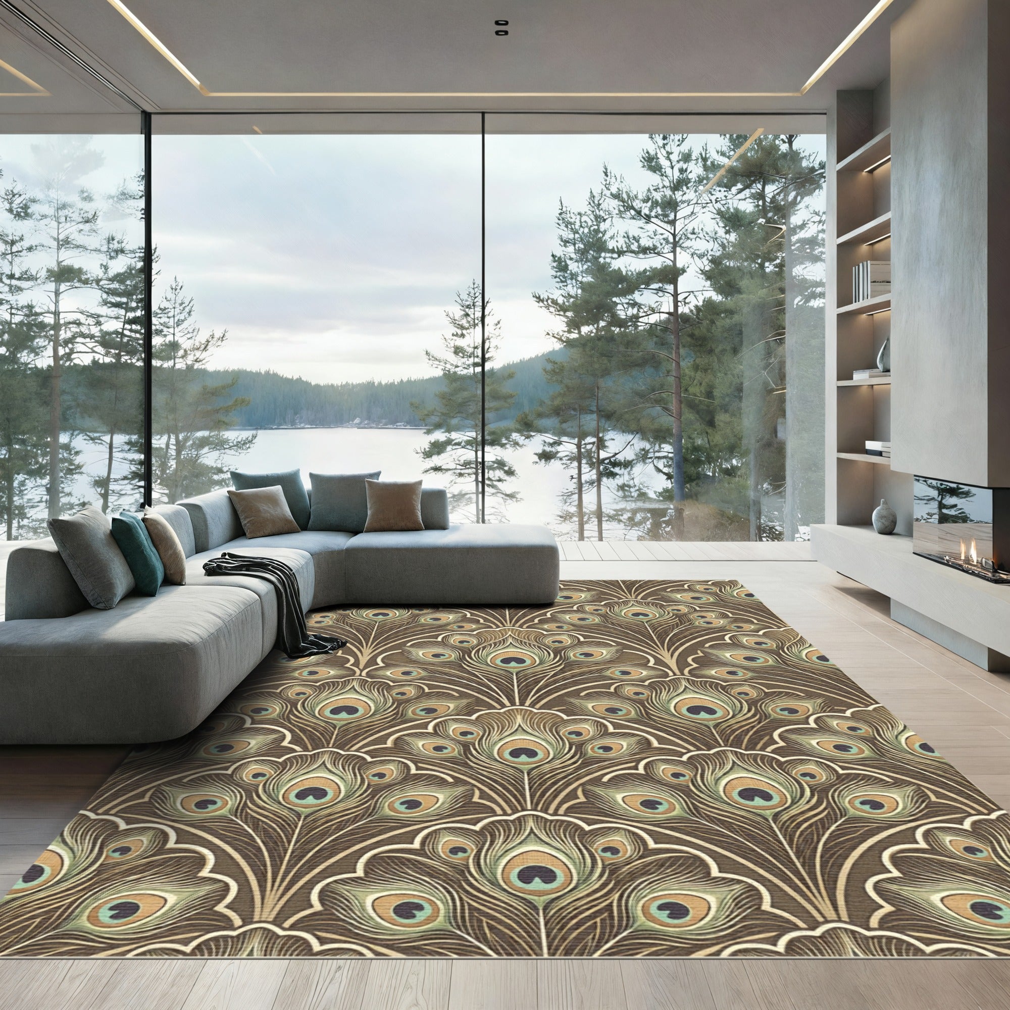 Brown Peacock Feather Fan Repeat Rug