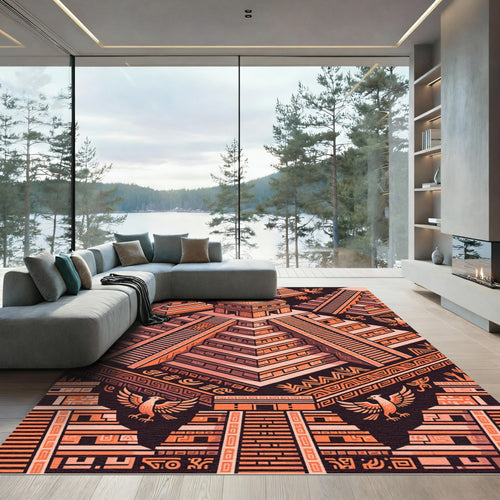 Aztec Sun Inspired Geometric Pyramid Art Rug