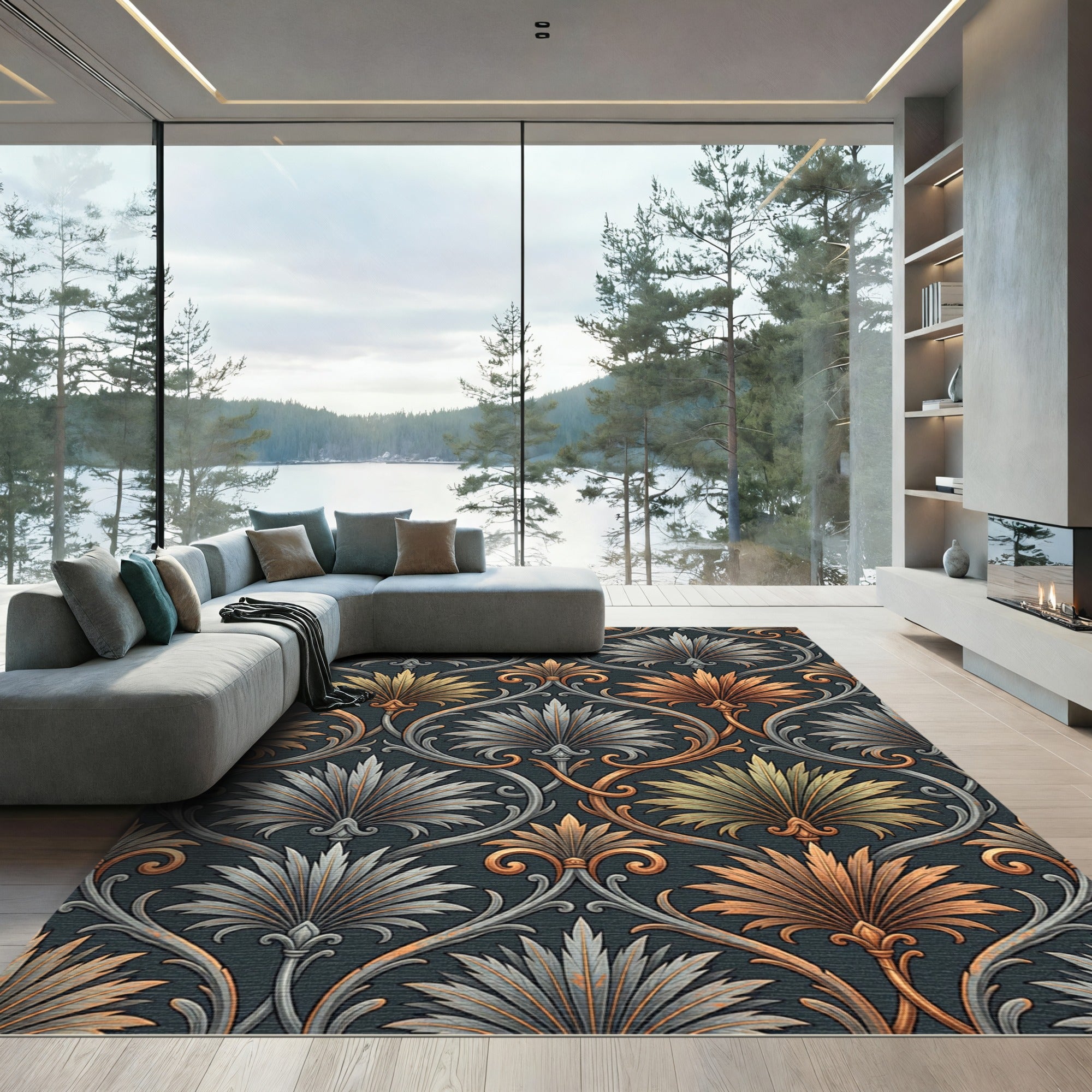 Elegant Copper Silver Palmette Scroll Rug