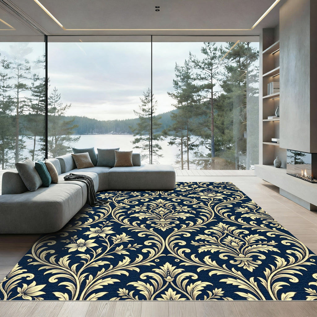 Navy Blue Golden Ornate Damask Scroll Rug