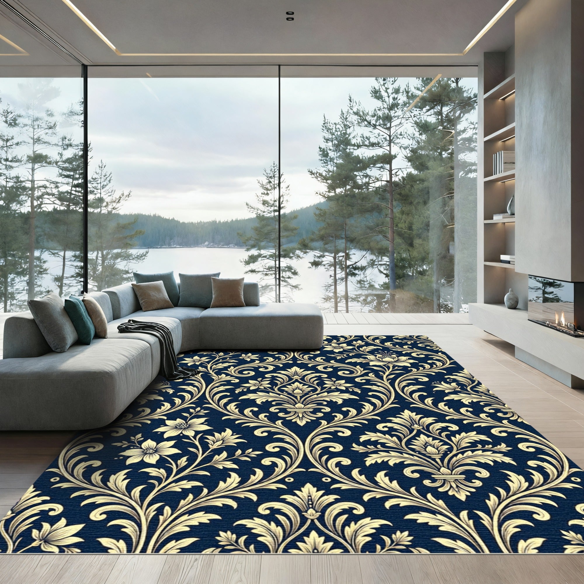 Navy Blue Golden Ornate Damask Scroll Rug