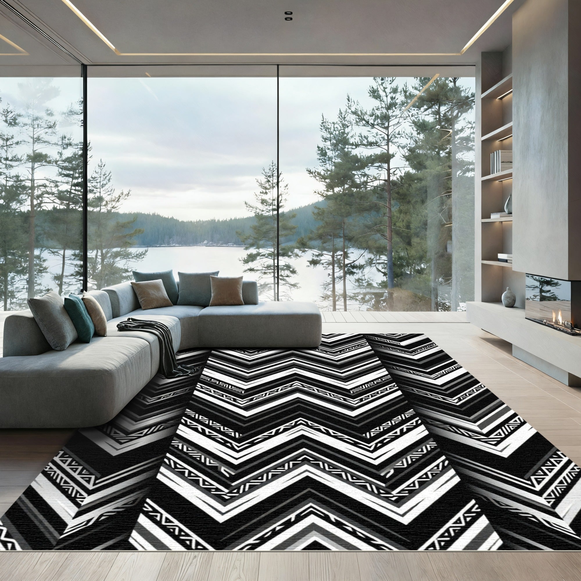 Monochrome Zigzag Chevron Geometric Sharp Lines Rug