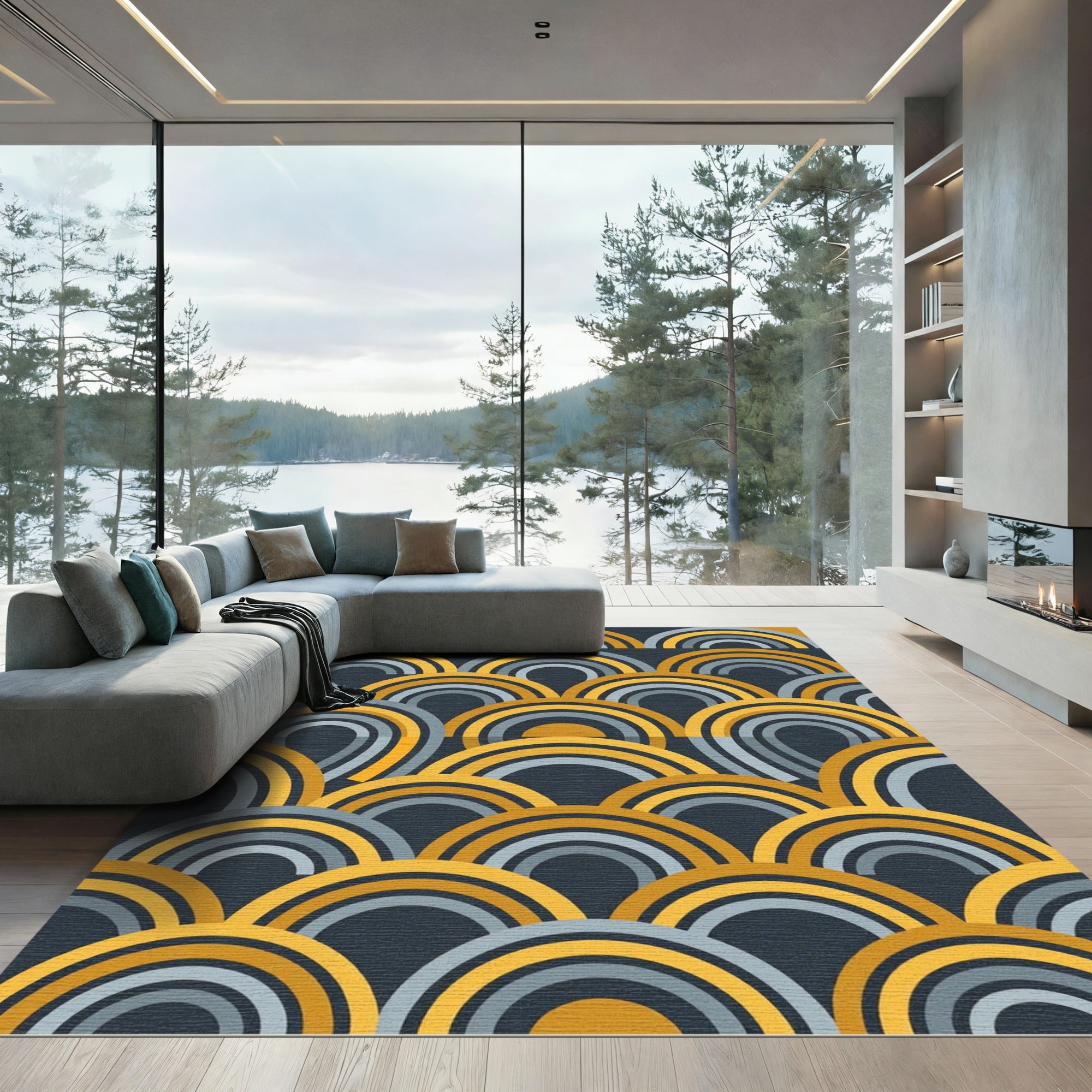 Golden Grey Abstract Arc Composition Rug