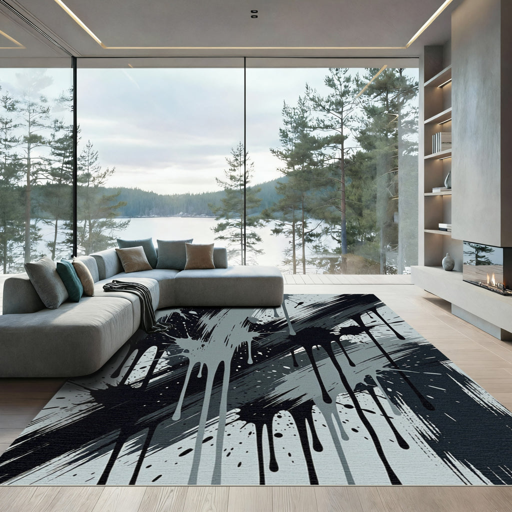 Monochrome Abstract Ink Splash Rug