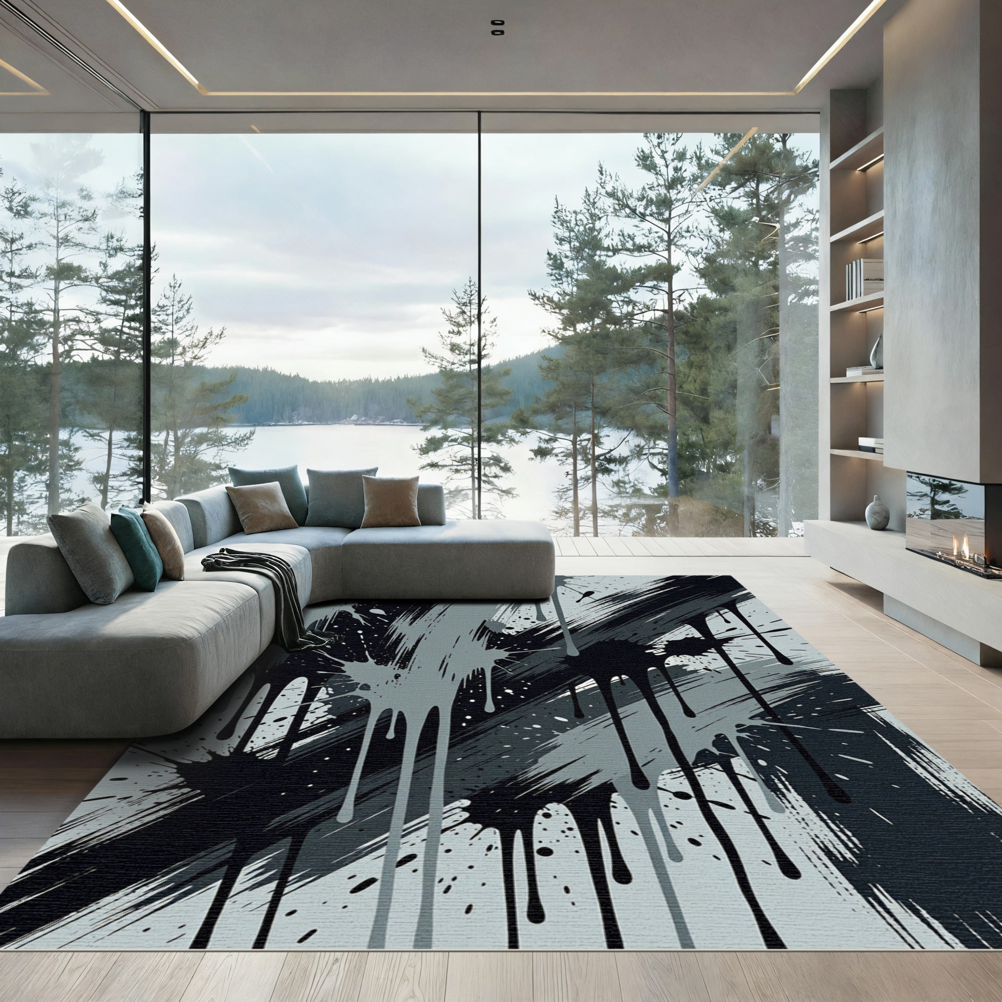 Monochrome Abstract Ink Splash Rug