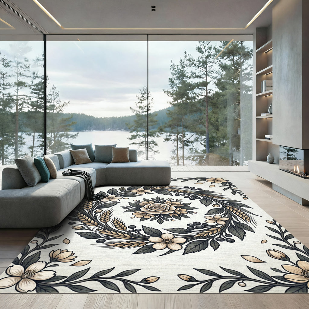 Cream Blossom Wheatreath Botanical Frame Rug