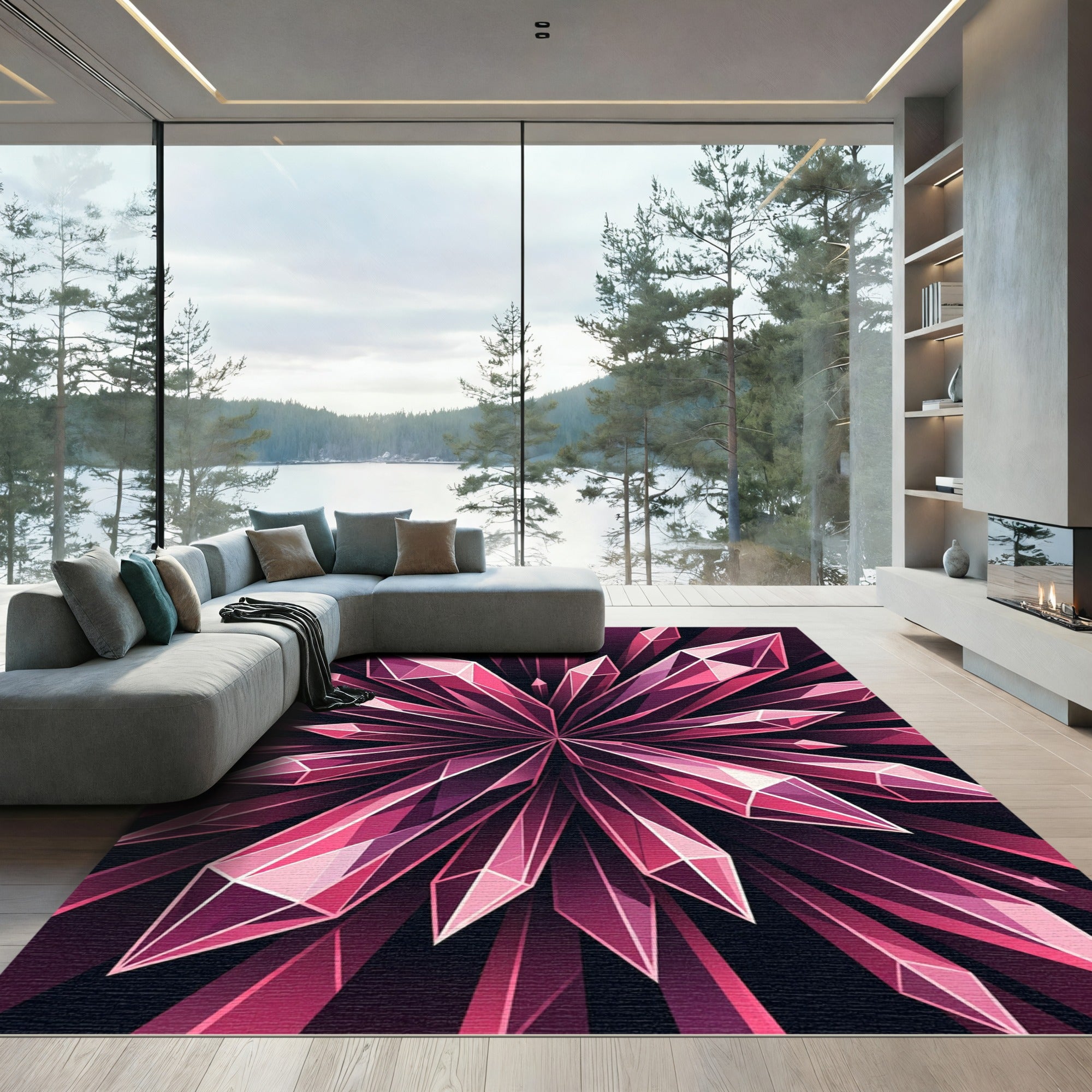Radiant Magenta Crystal Geometric Starburst Rug