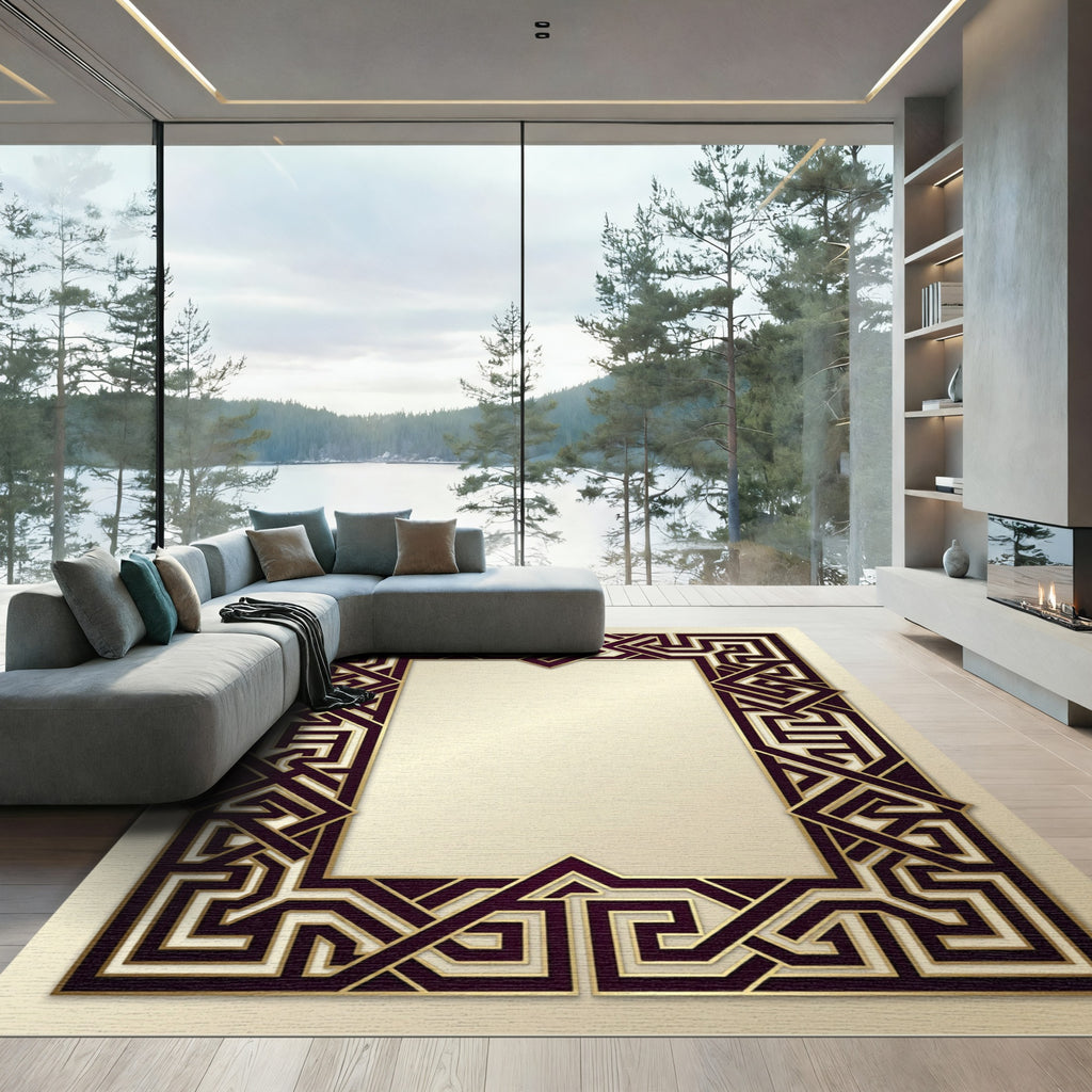 Deep Plum Gold Geometric Interlace Rug