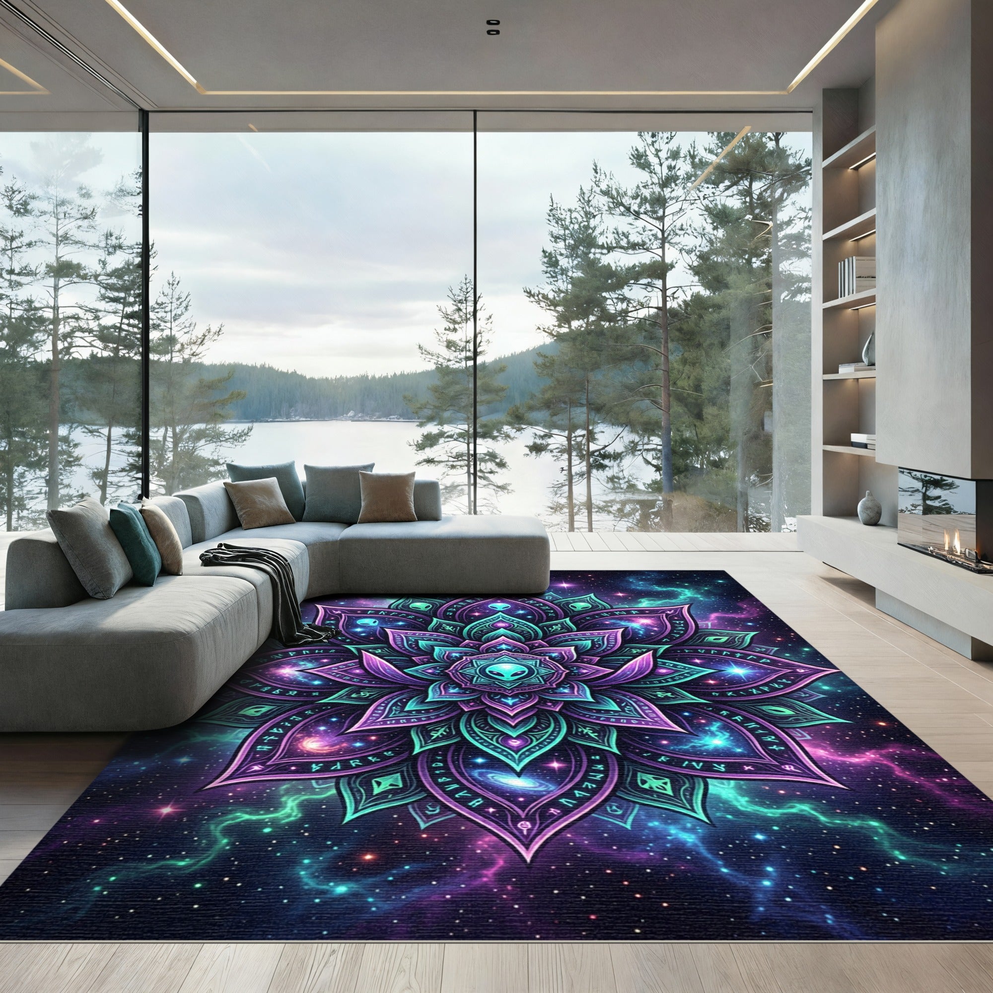 Luminous Galactic Alien Flower Mandala Rug