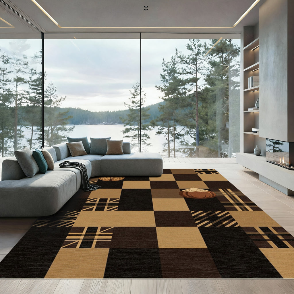 Earthy Brown Geometric Nut Checkered Rug