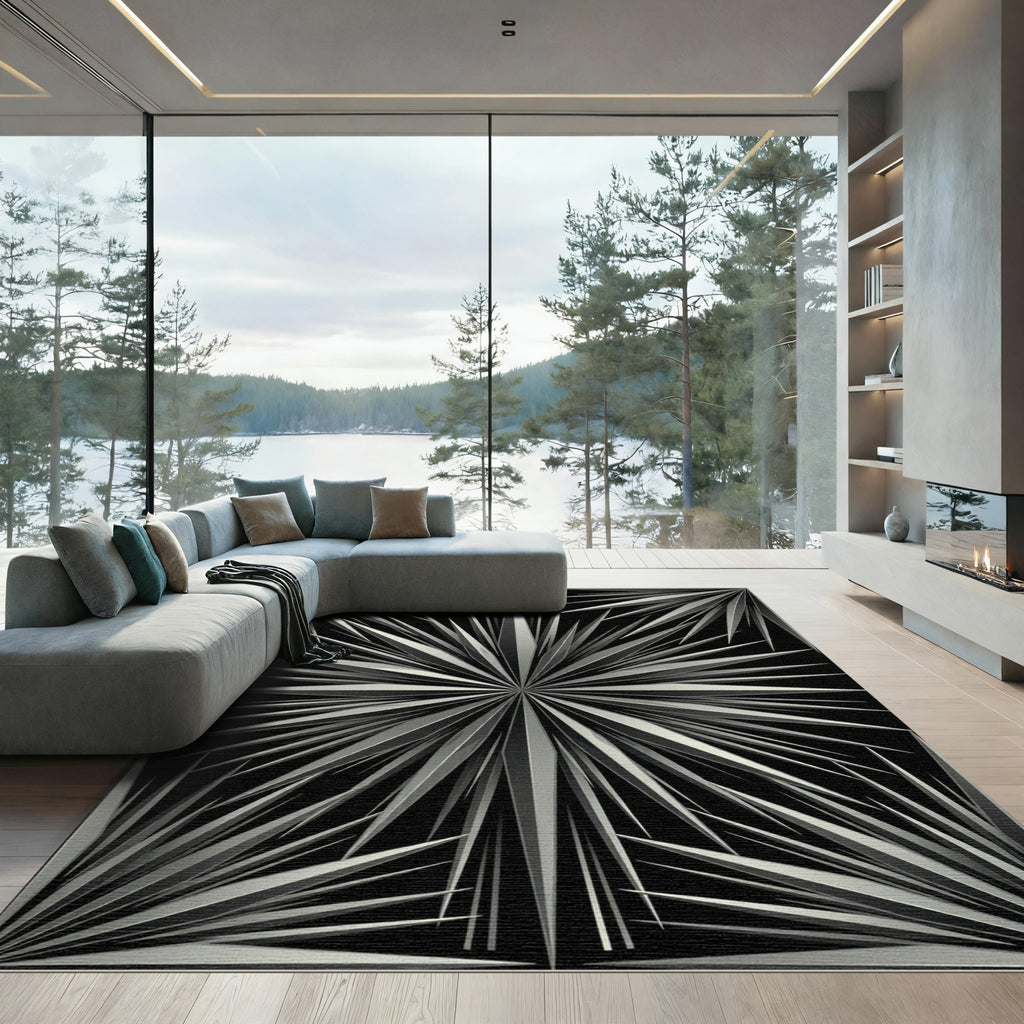 Monochrome Silver Radiant Starburst Art Rug