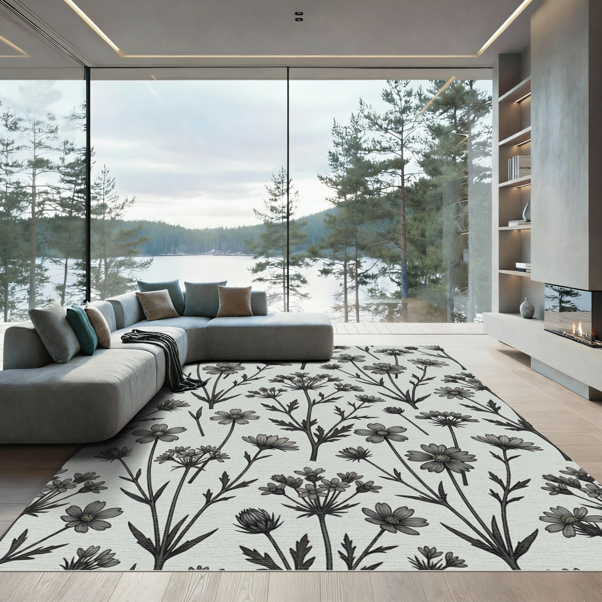 Monochrome Floral Botanical Field Rug