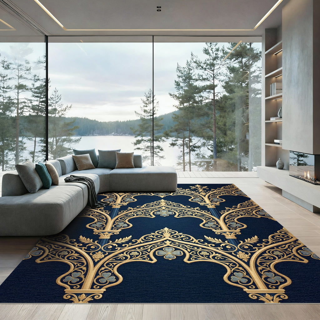 Gilded Gothic Arch Navy Floral Scroll Rug