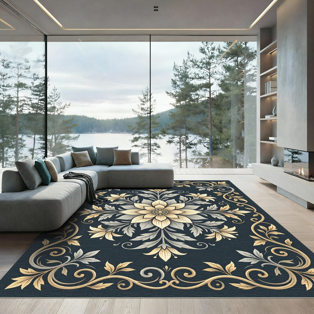 Elegant Golden Floral Scrollwork Rug