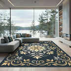 Elegant Golden Floral Scrollwork Rug