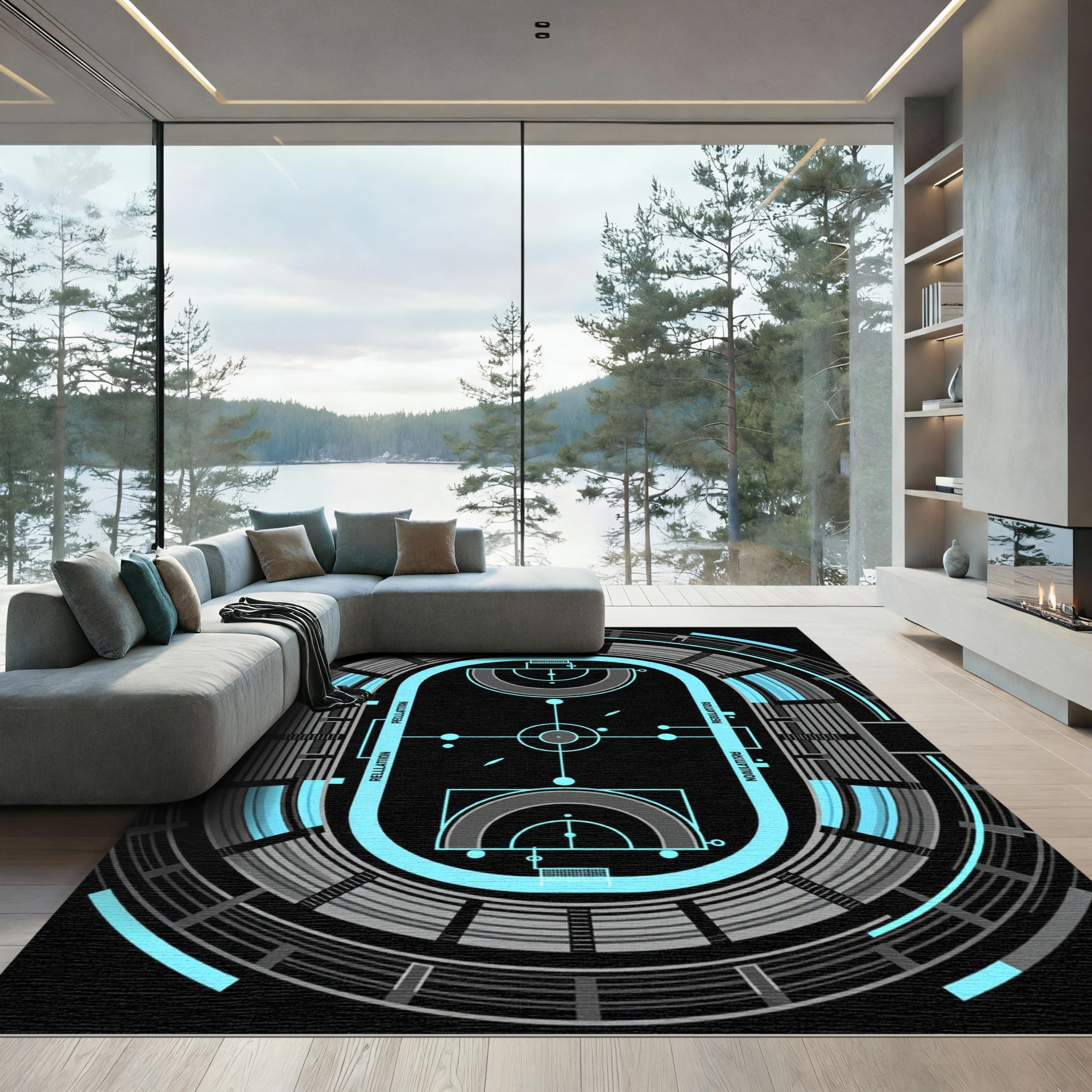 Futuristic Neon Blue Athletic Stadium Arena Rug
