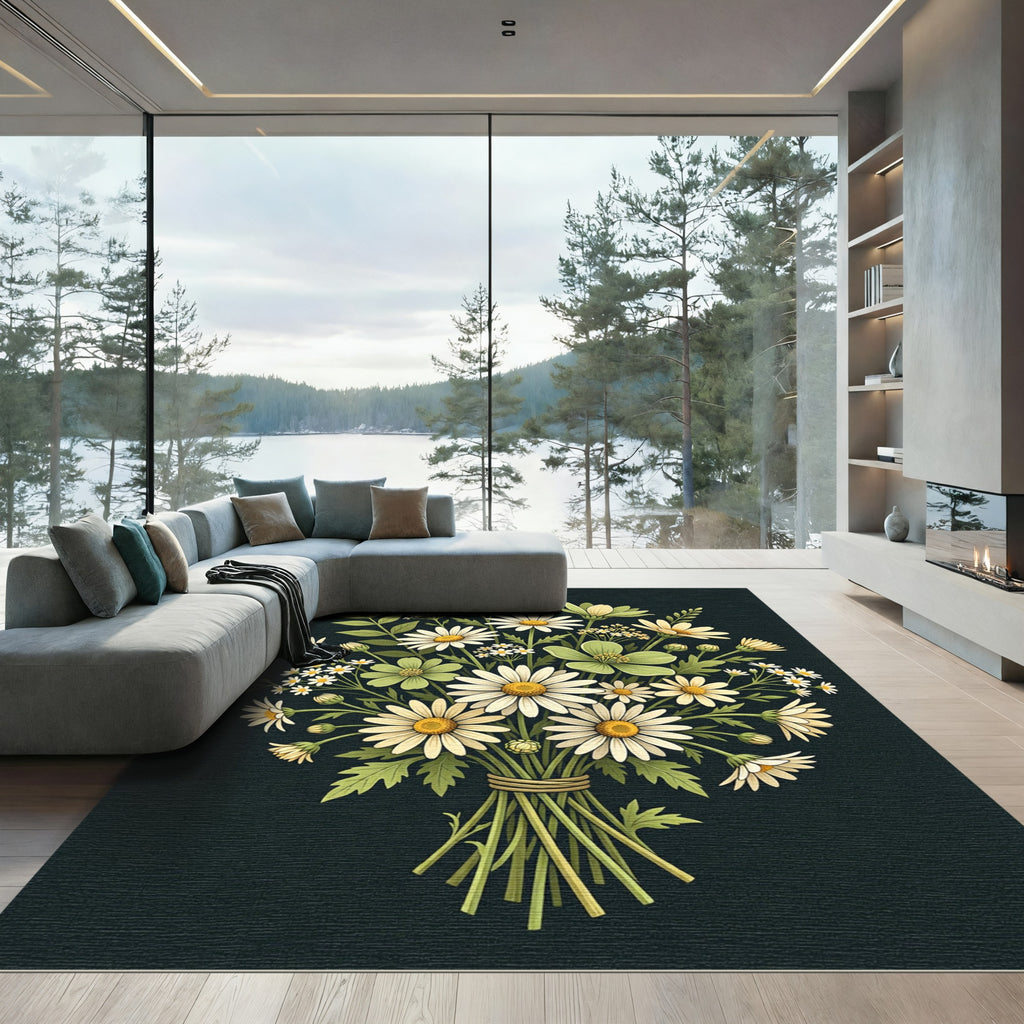 Delicate White Daisy Meadow Bouquet Rug