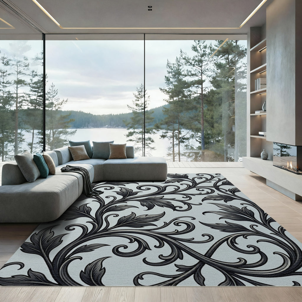 Elegant Black Leaf Scroll Vine Rug