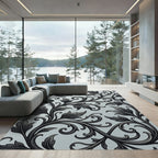 Elegant Black Leaf Scroll Vine Rug