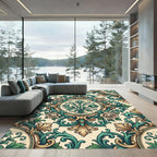 Elegant Teal and Gold Rose Damask Rug
