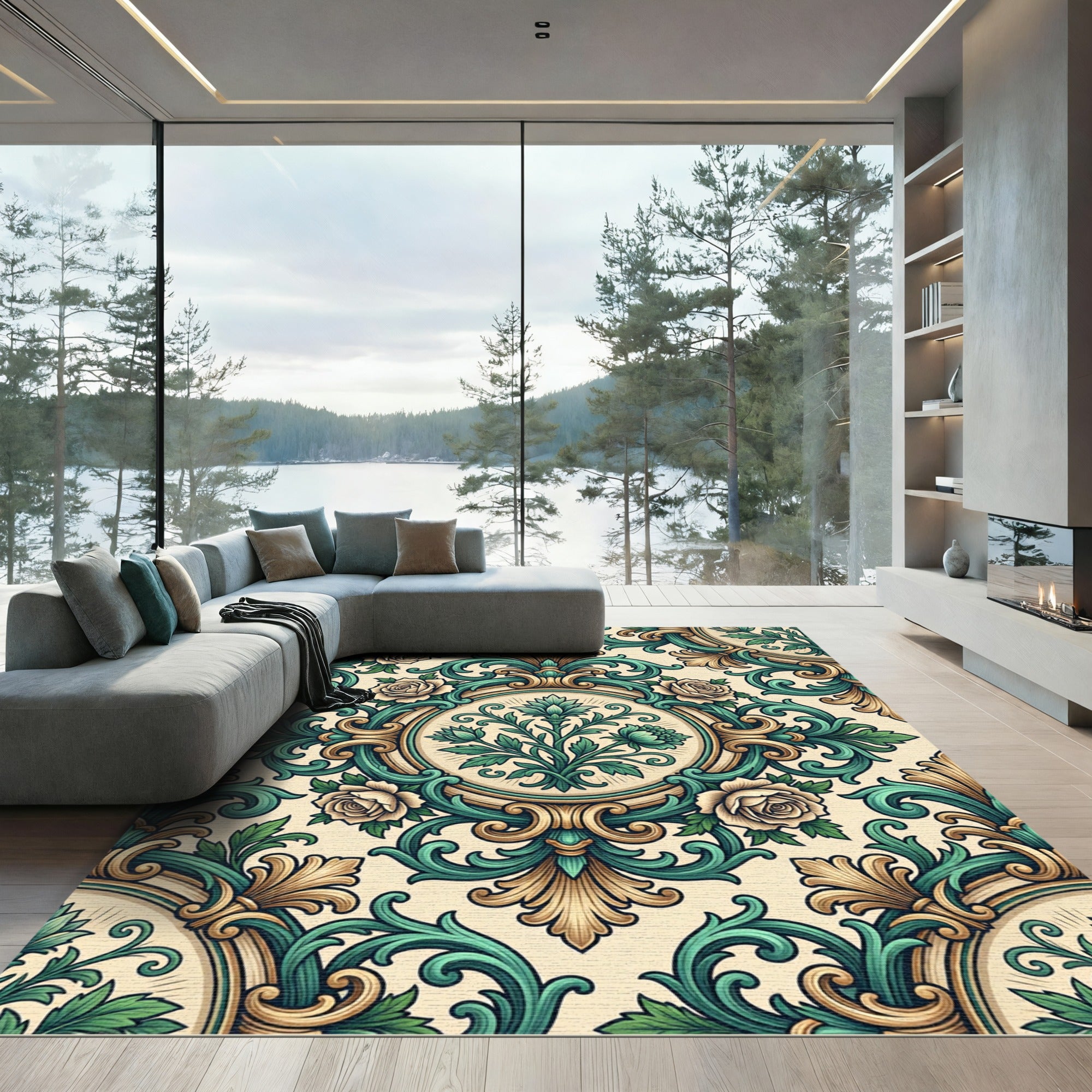 Elegant Teal and Gold Rose Damask Rug