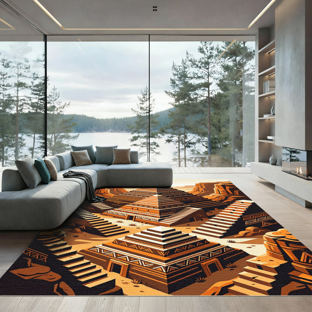 Terracotta Geometric Step Pyramid Landscape Rug