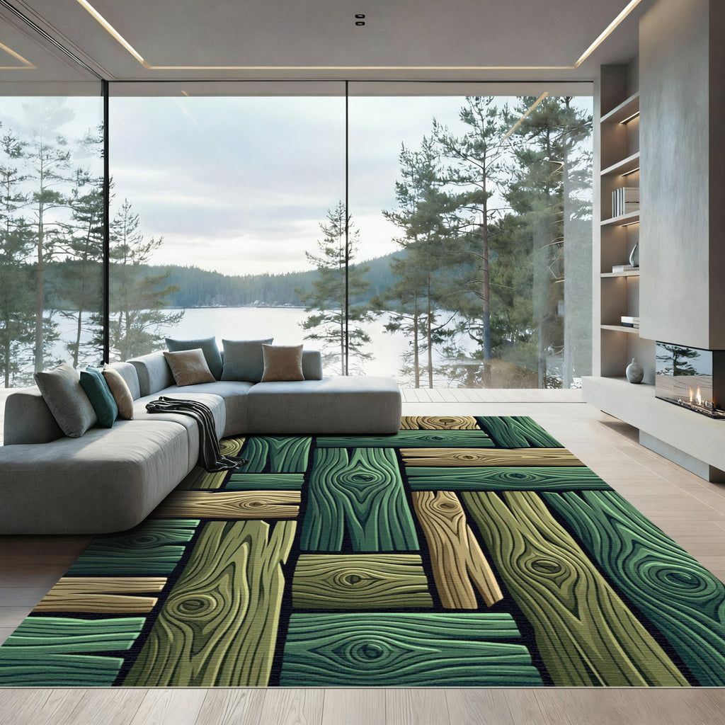 Rustic Green Wood Grain Block Mosaic Rug