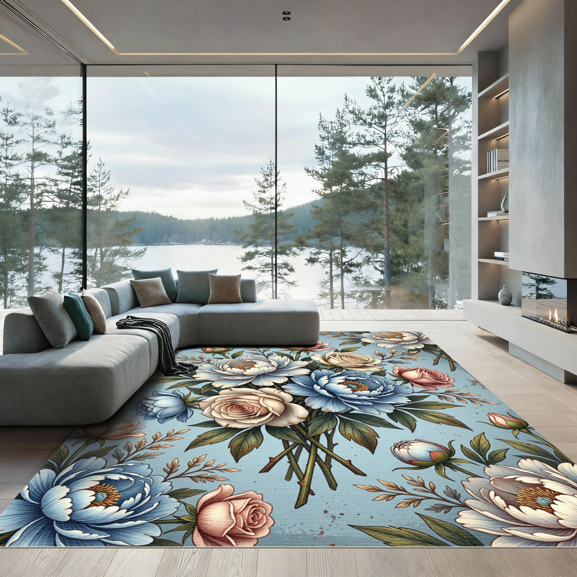 Pastel Blue Floral Bouquet Arrangement Rug