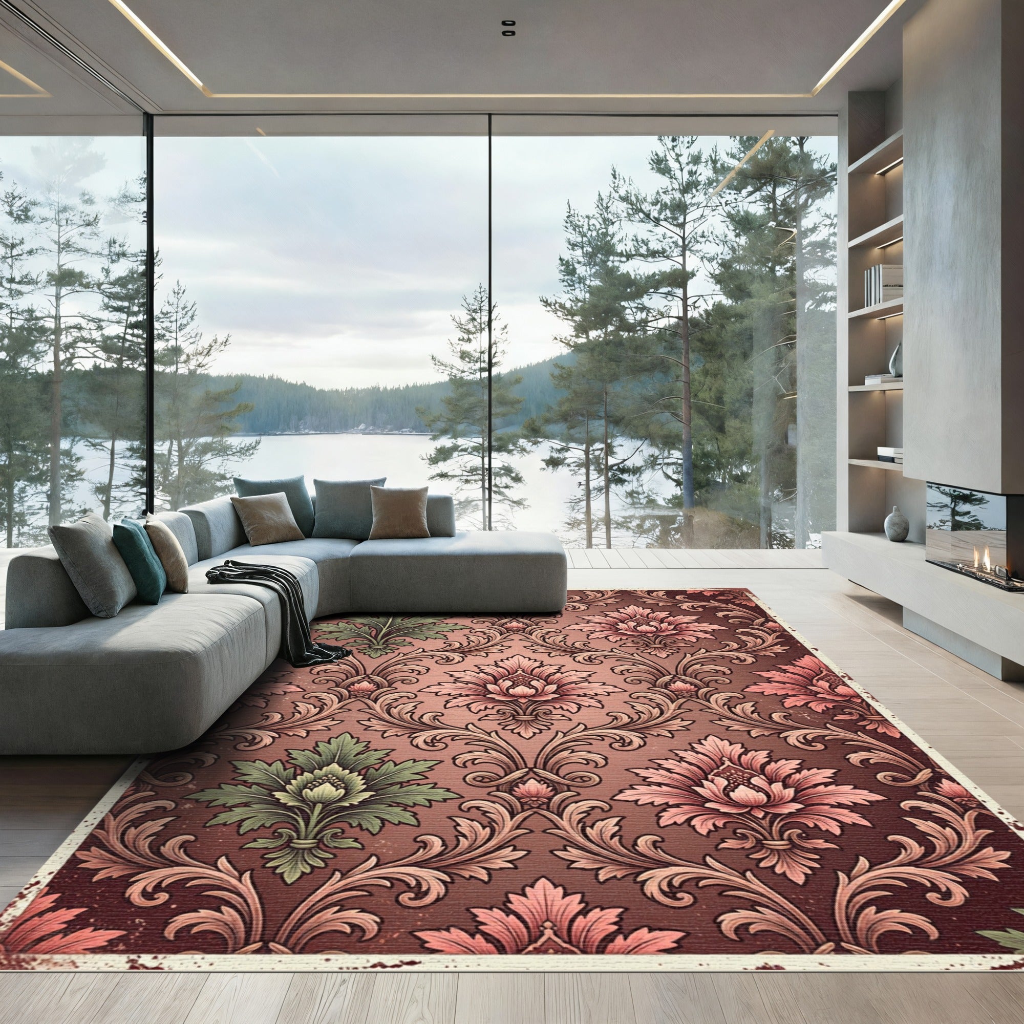 Vintage Dusty Rose and Sage Damask Rug