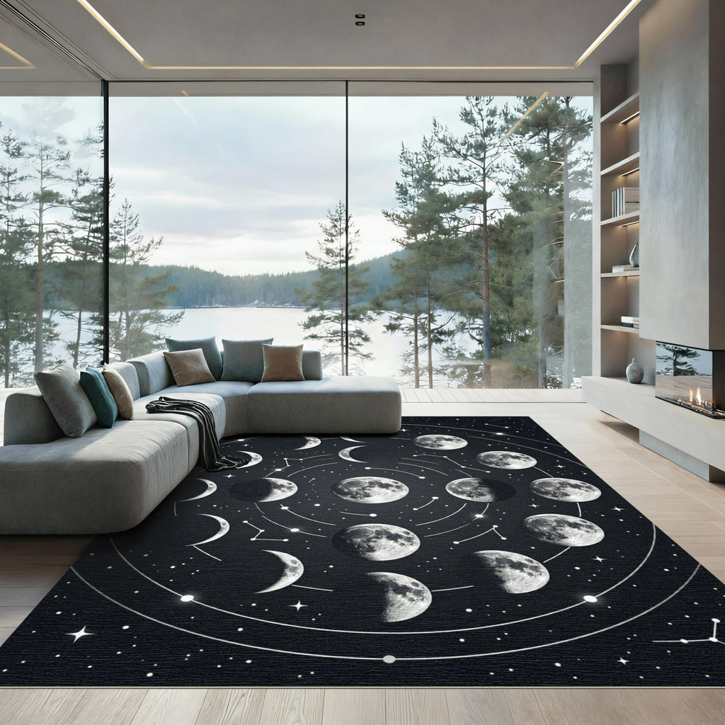 Celestial Monochrome Moon Phase Map Rug