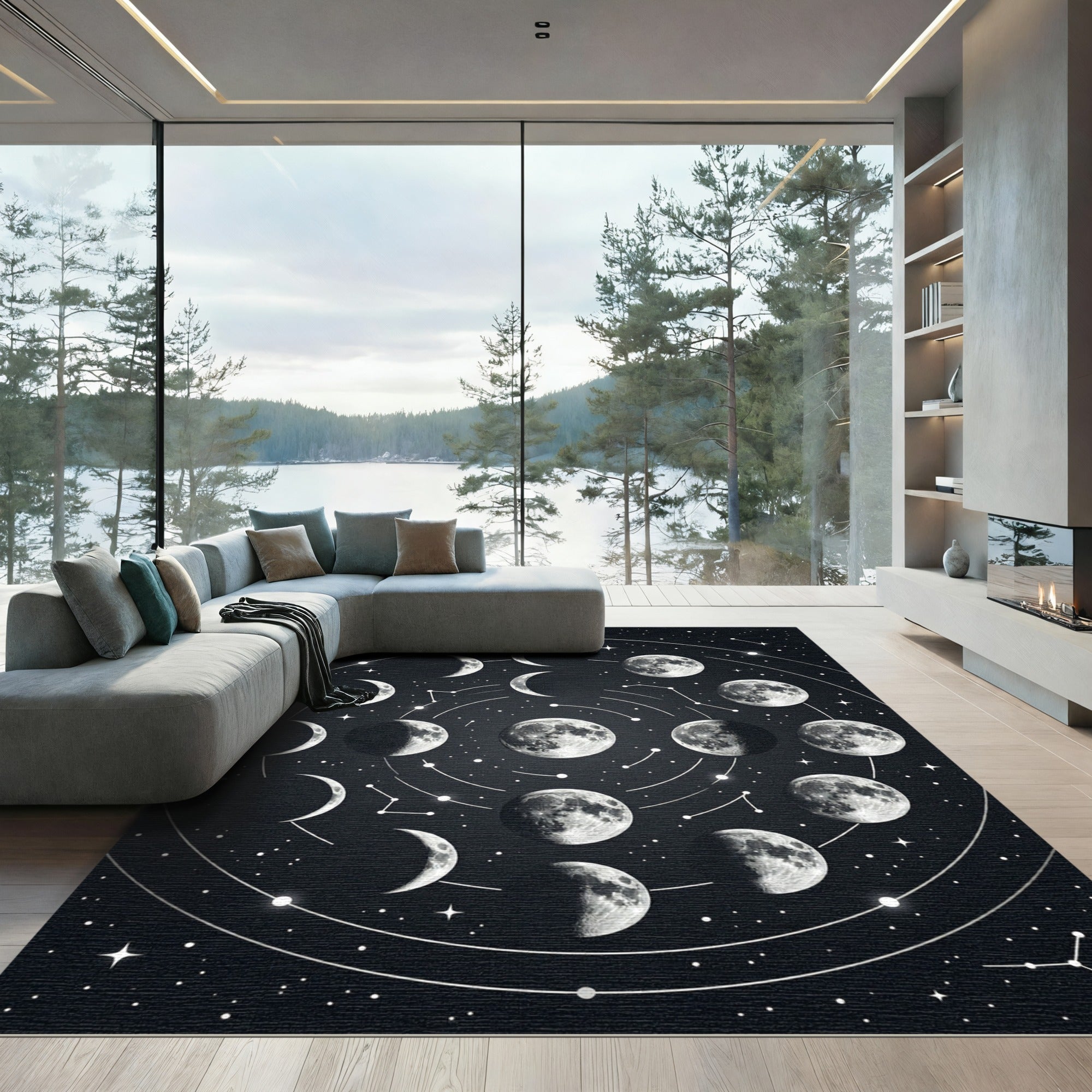 Celestial Monochrome Moon Phase Map Rug