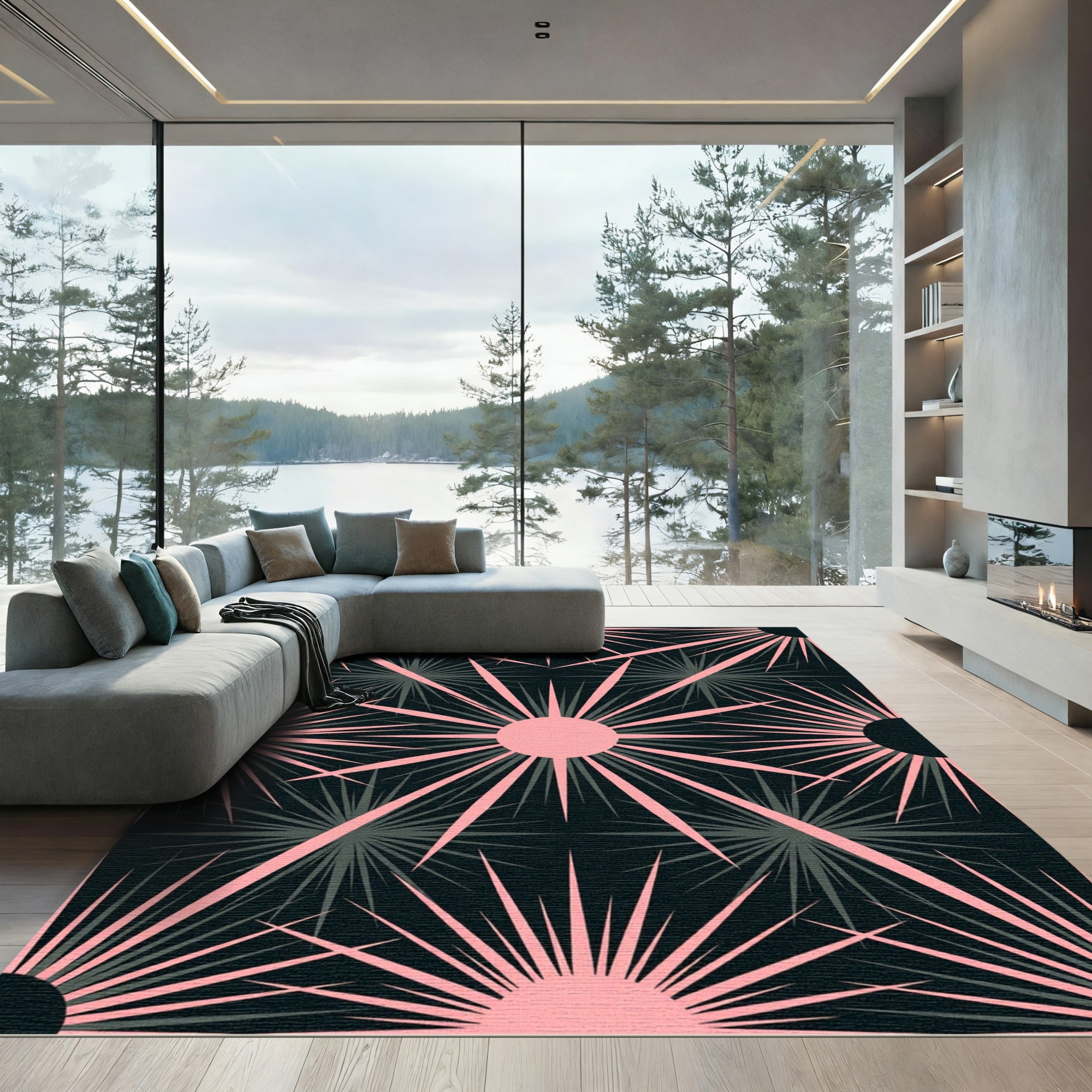 Modern Pink and Charcoal Celestial Burst Rug