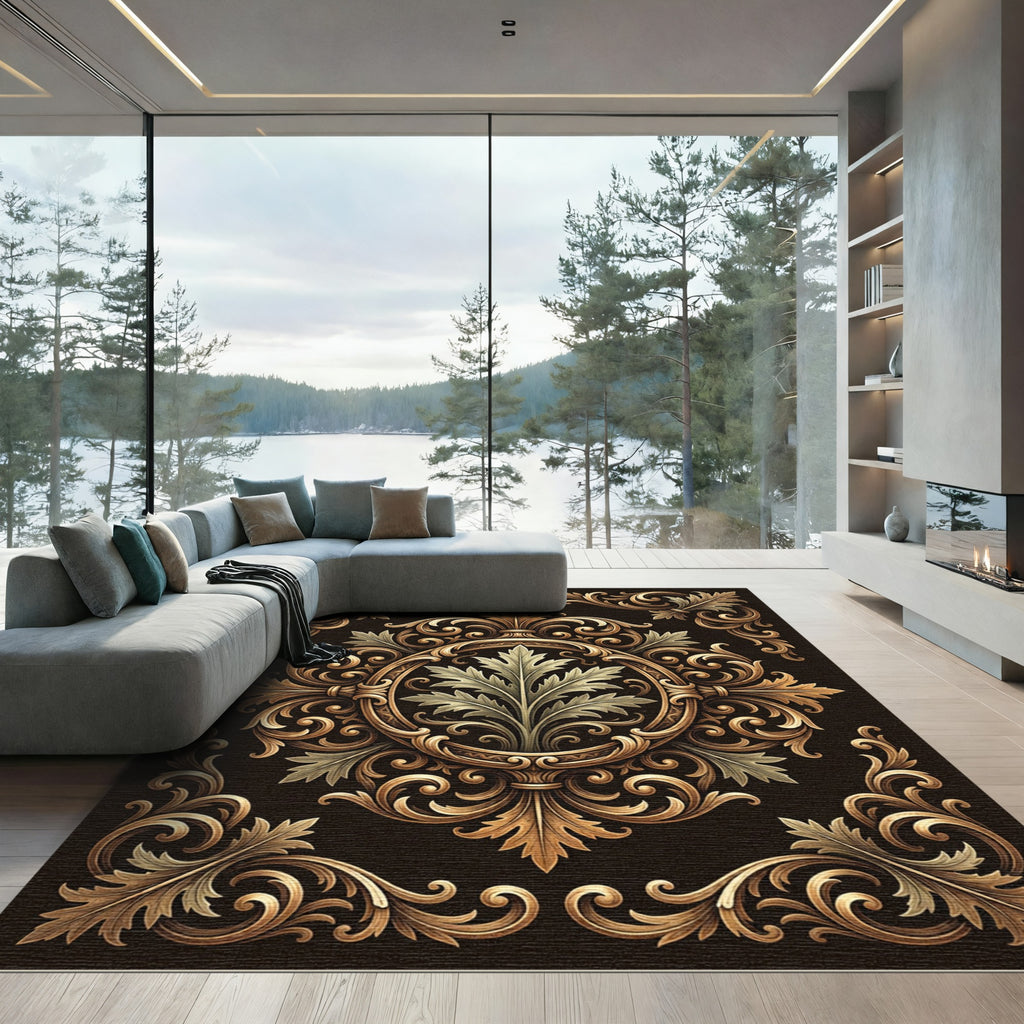 Ornate Gold Scroll Acanthus Medallion Rug