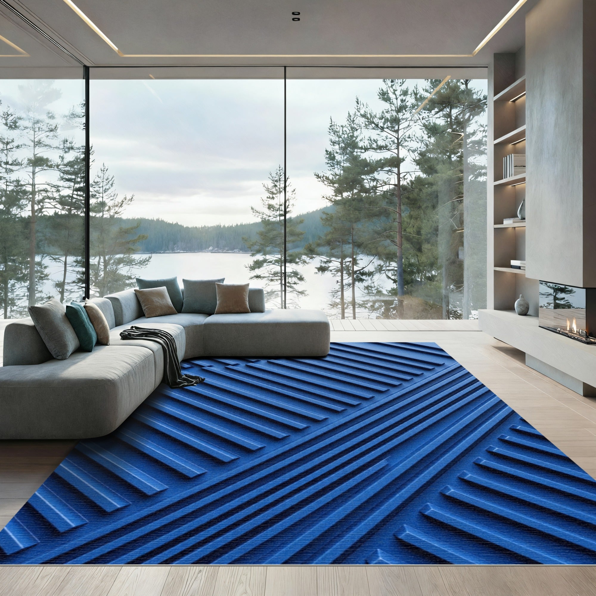 Modern Cobalt Blue Geometric Relief Rug