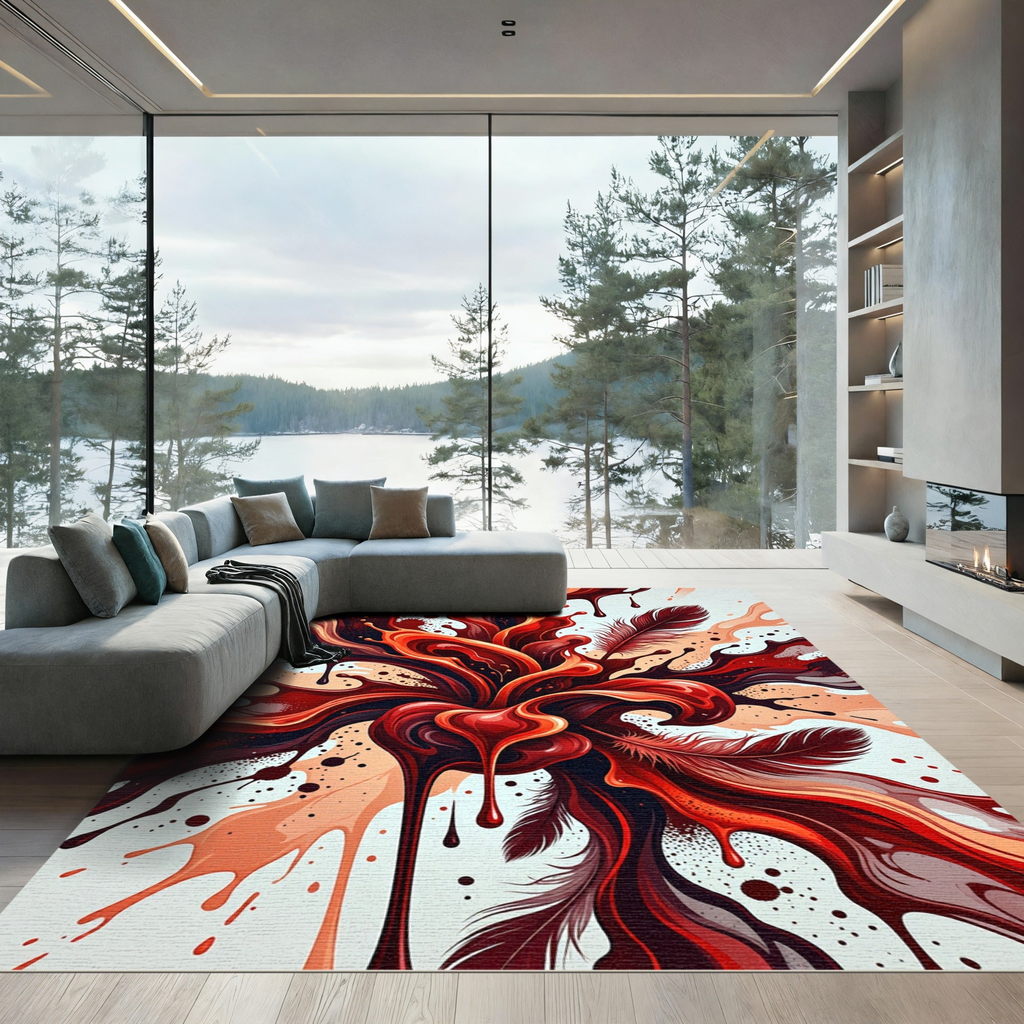 Abstract Crimson Liquid Flow and Feathers Rug