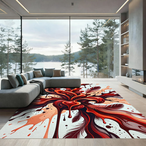 Abstract Crimson Liquid Flow and Feathers Rug
