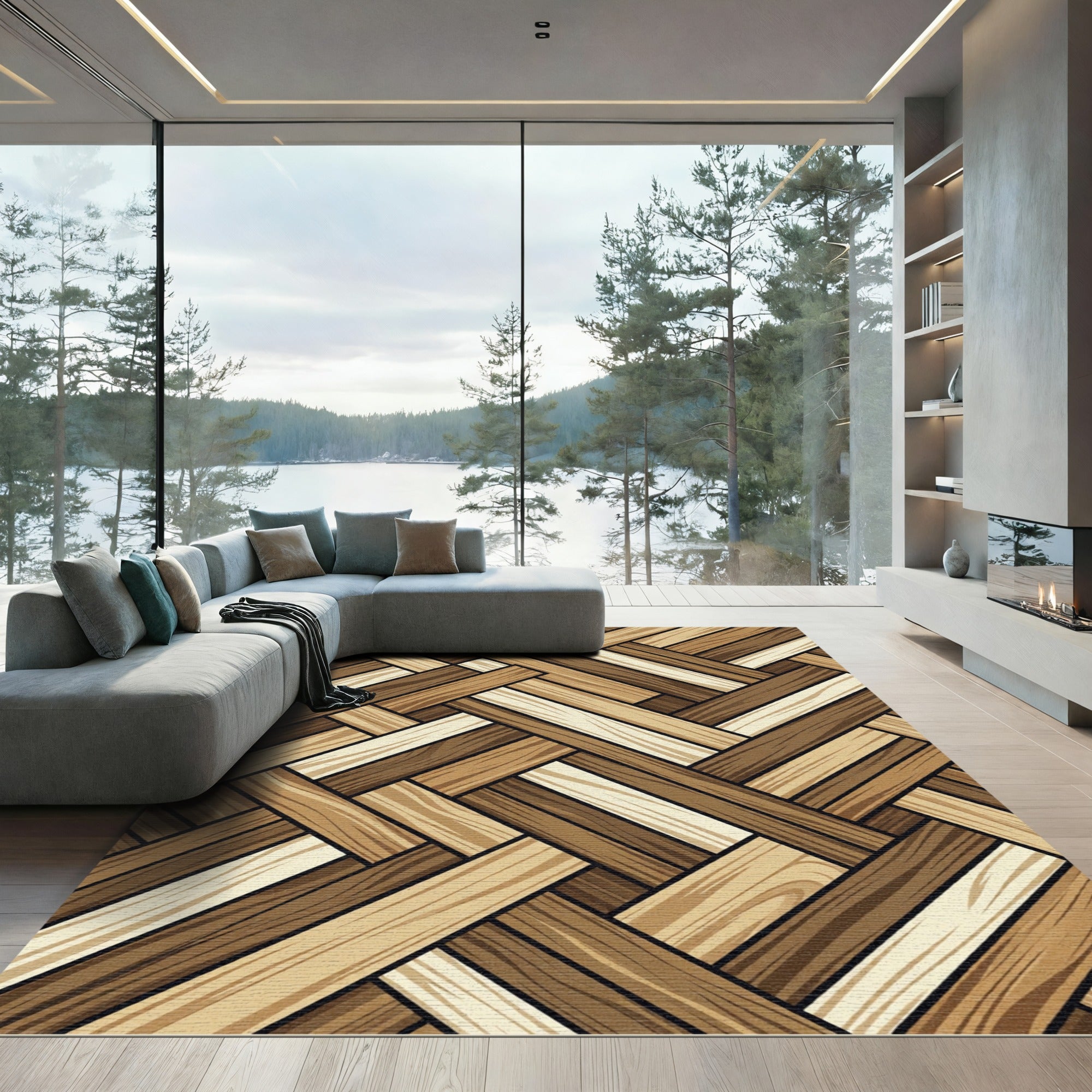 Wood Plank Herringbone Brown Rug